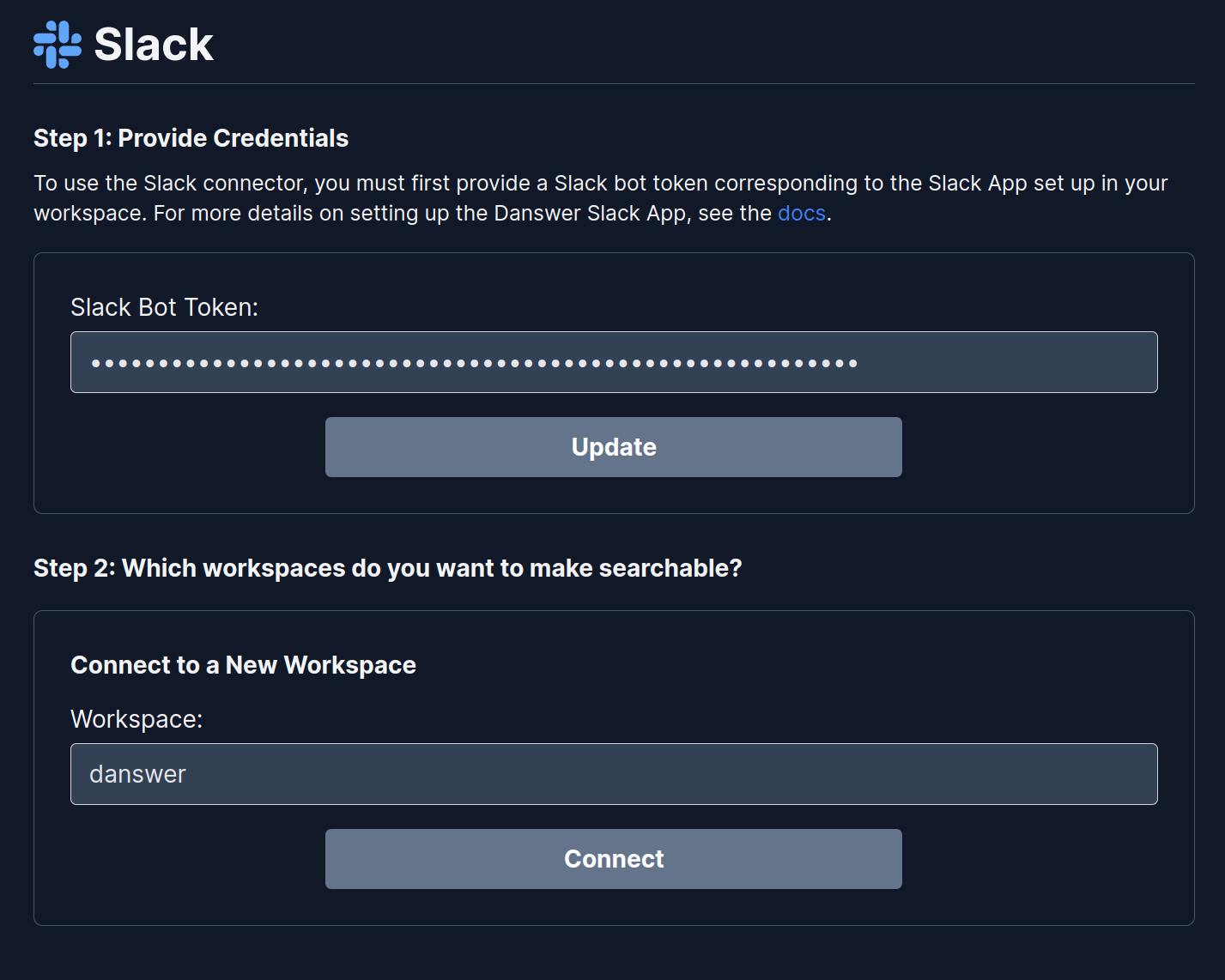 Sigma Slack connector settings showing Bot User OAuth Token input