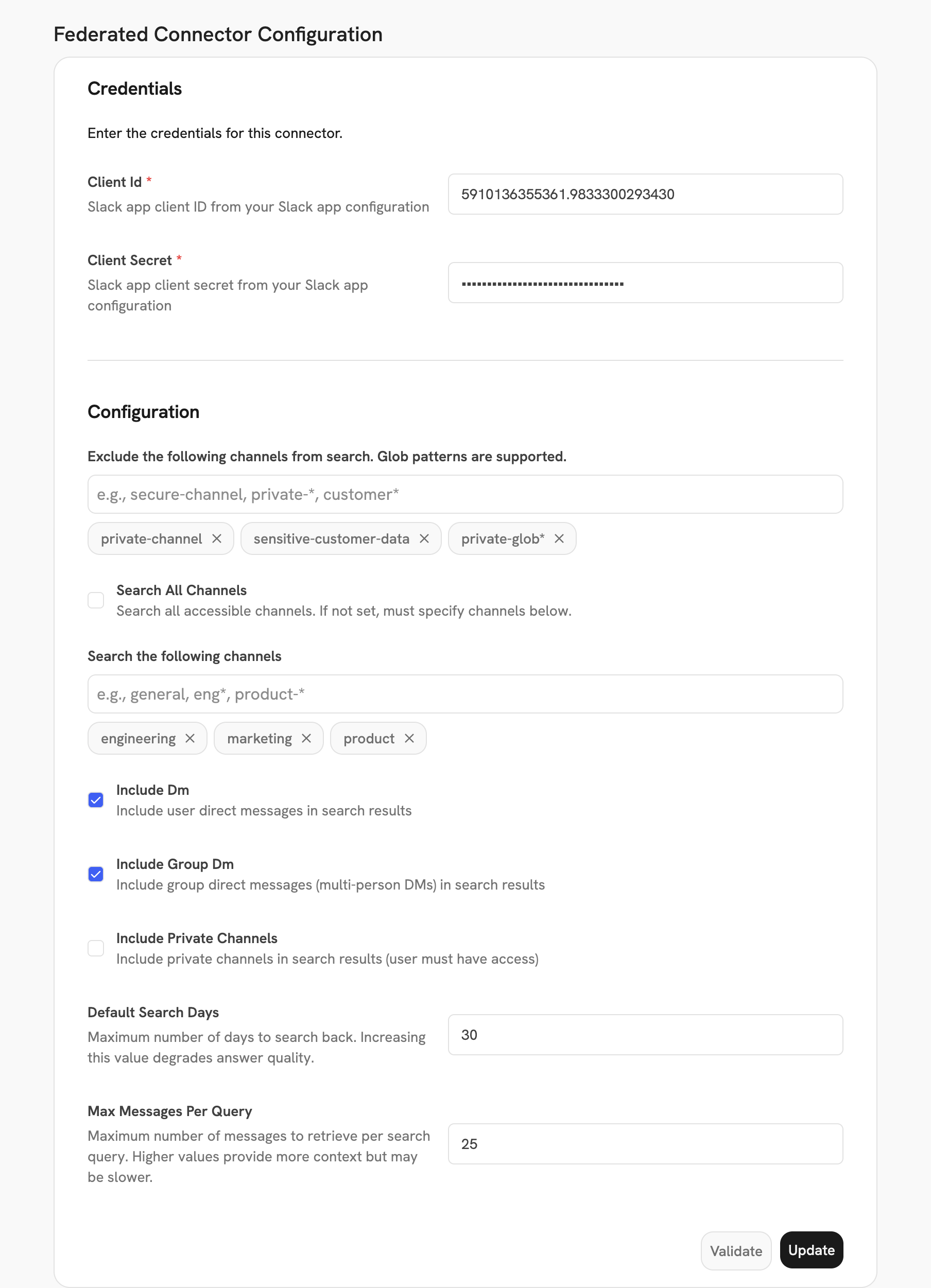Sigma Slack Federated connector settings showing client credentials