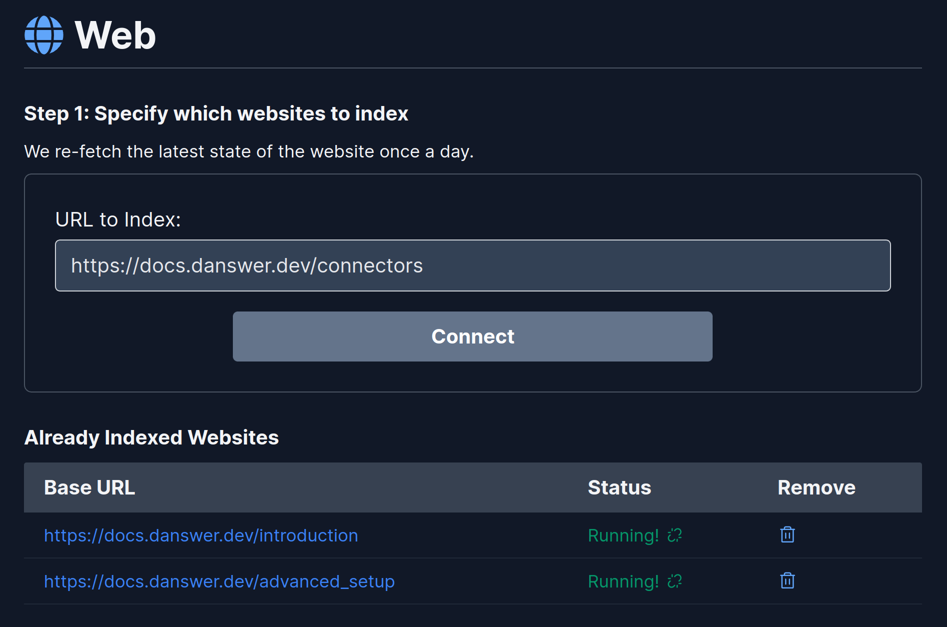 Sigma Web connector form to enter base URL for indexing