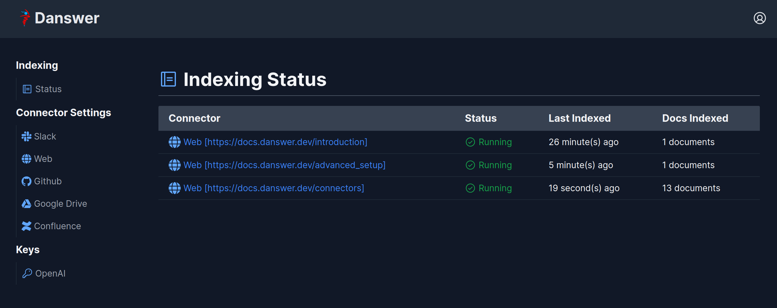 Sigma Connectors Status page showing web crawl progress